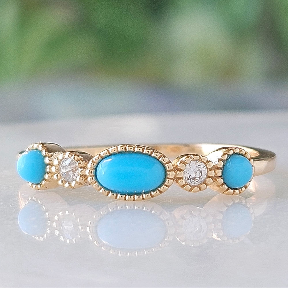 Dainty Gold stackable ring, turquoise oval enamel. 925 Sterling Silver Bohemian